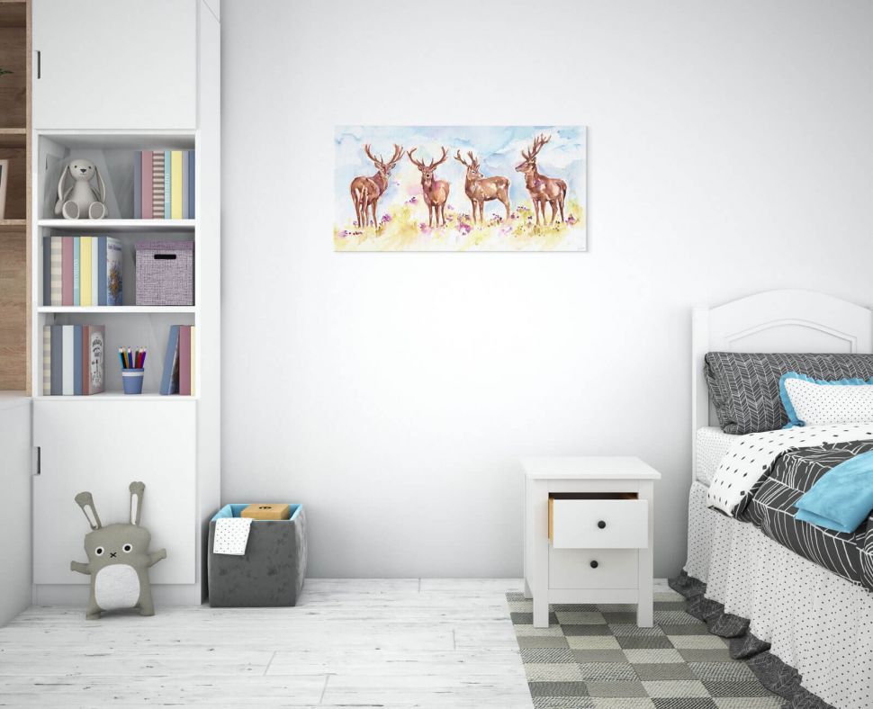 Canvas z jeleniami Stag Herd powieszony w pokoju na białej ścianie