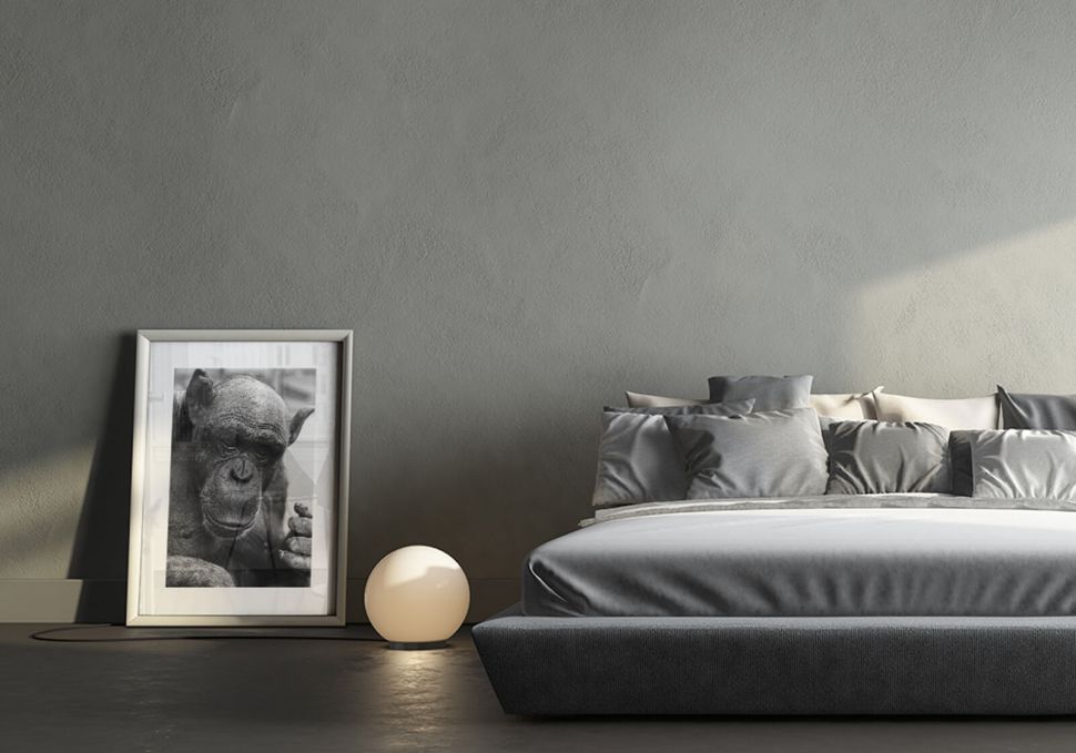 Reprint Czarno-biały szympans w szarej ramie postawiony w sypialni