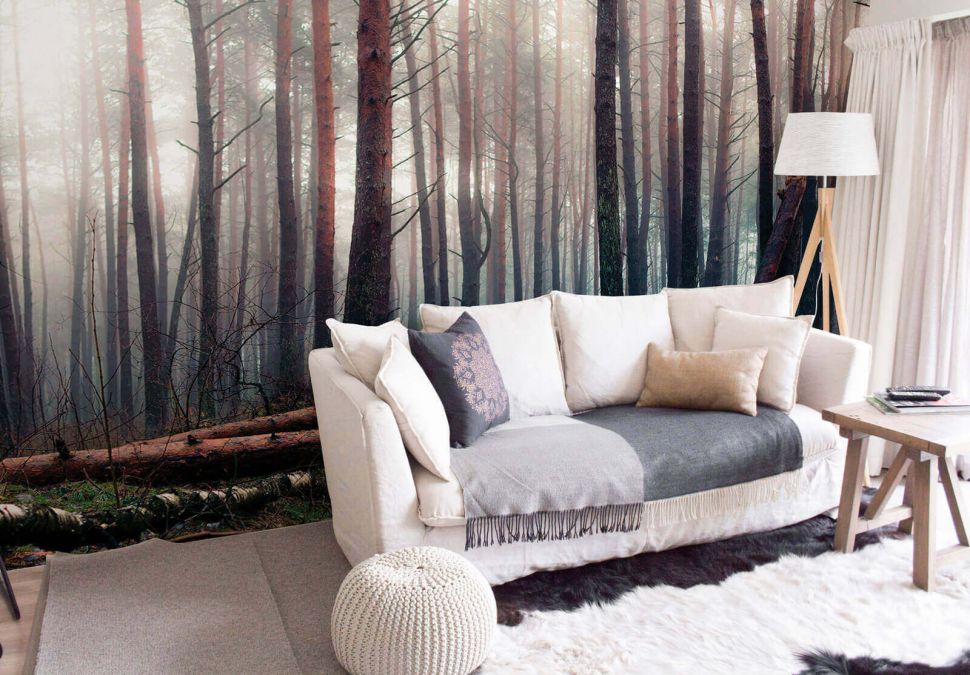 Fototapeta Mglisty las na ścianie w salonie