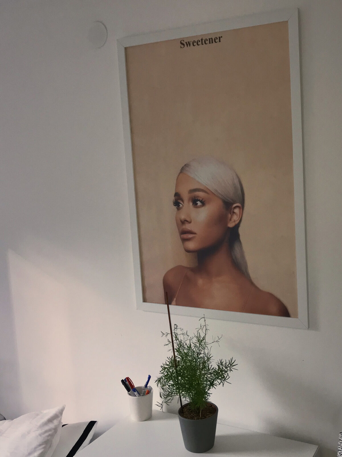 Plakat z Arianą Grande oprawiony w białą ramę