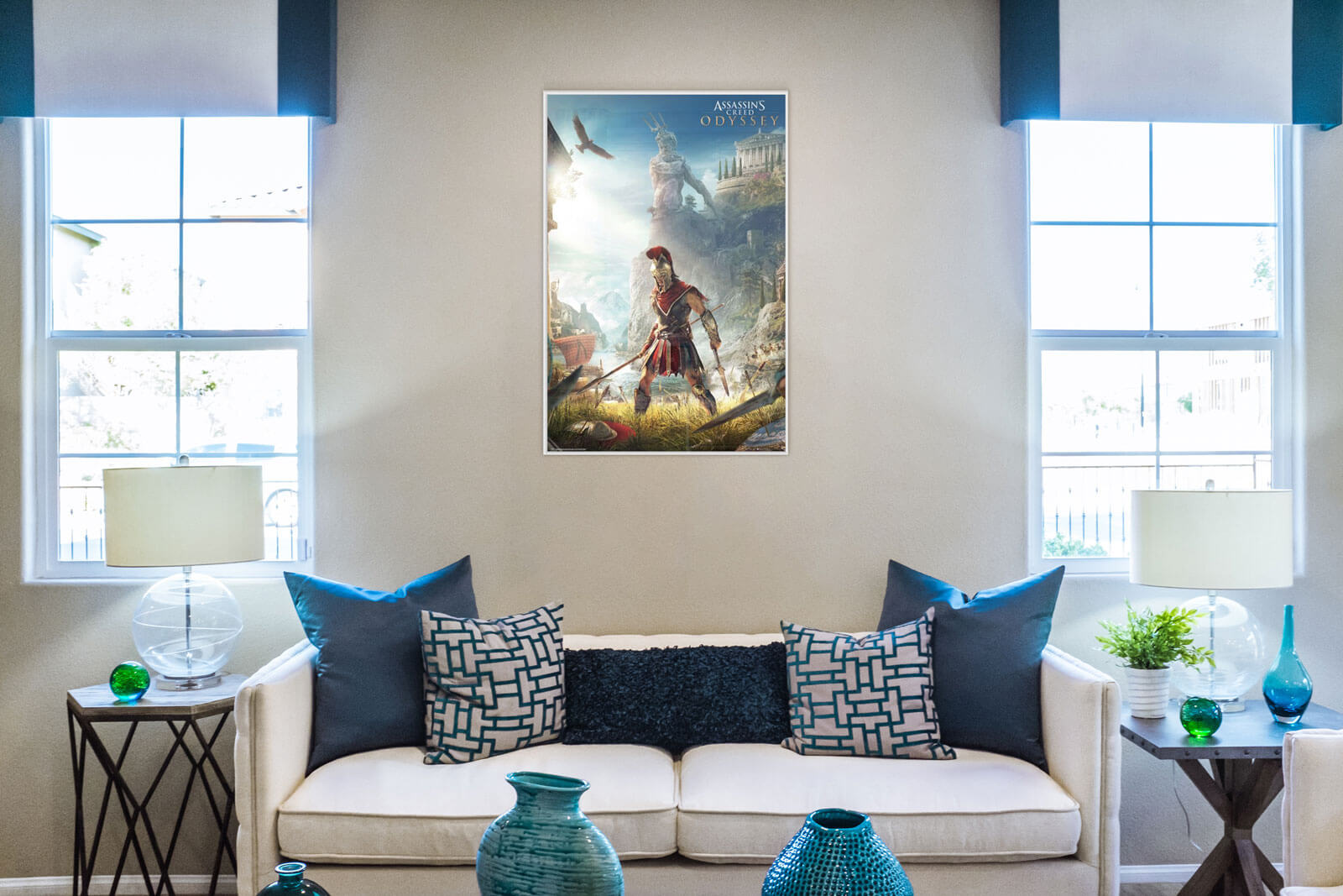 Plakat z gry Assassin's Creed Odyssey powieszony w salonie
